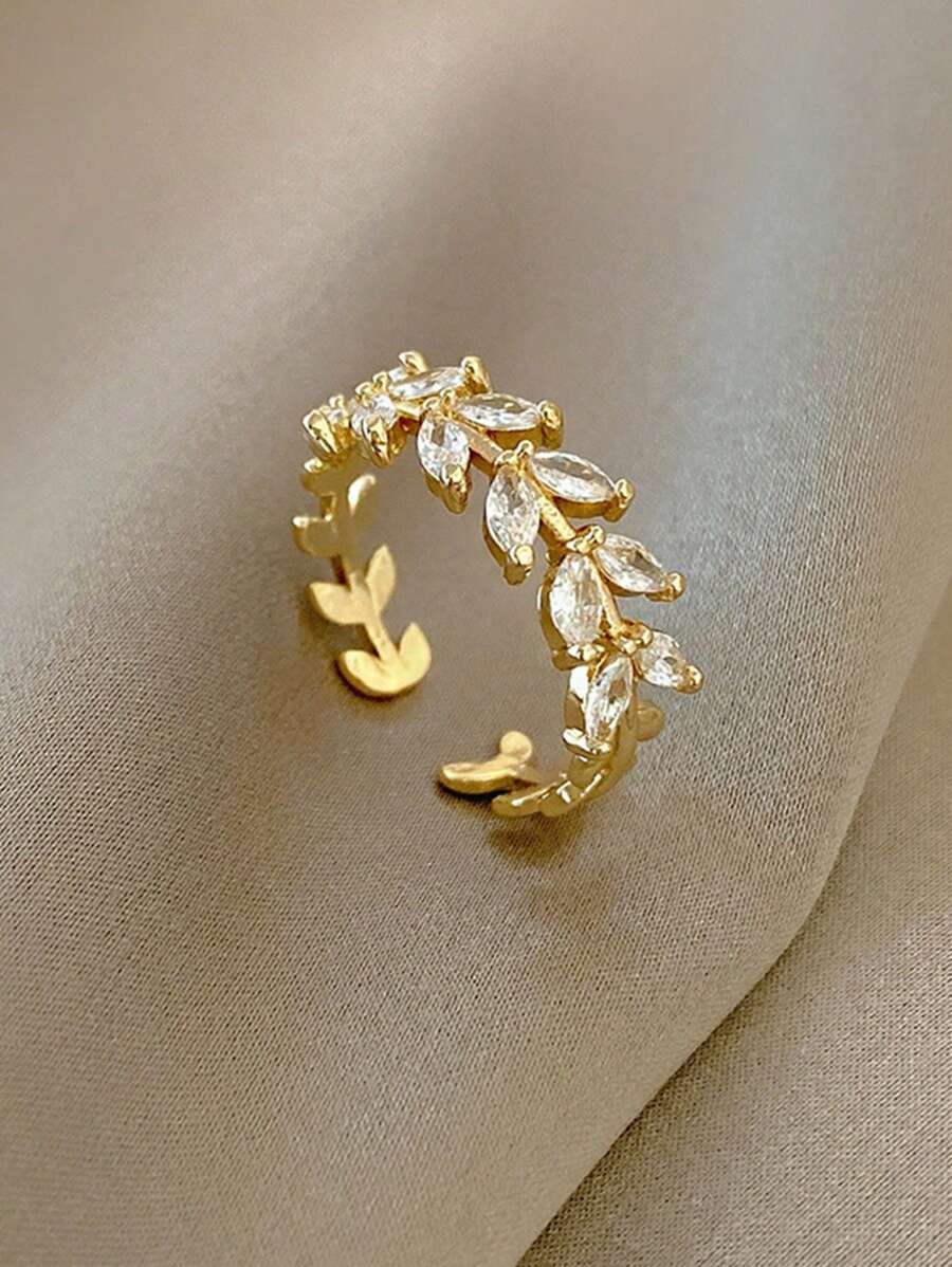 1 Miếng Ánh sáng sang trọng Đá quý Thiết kế lá Mở Nhẫn Với Zirconia - Vàng - Xem 1