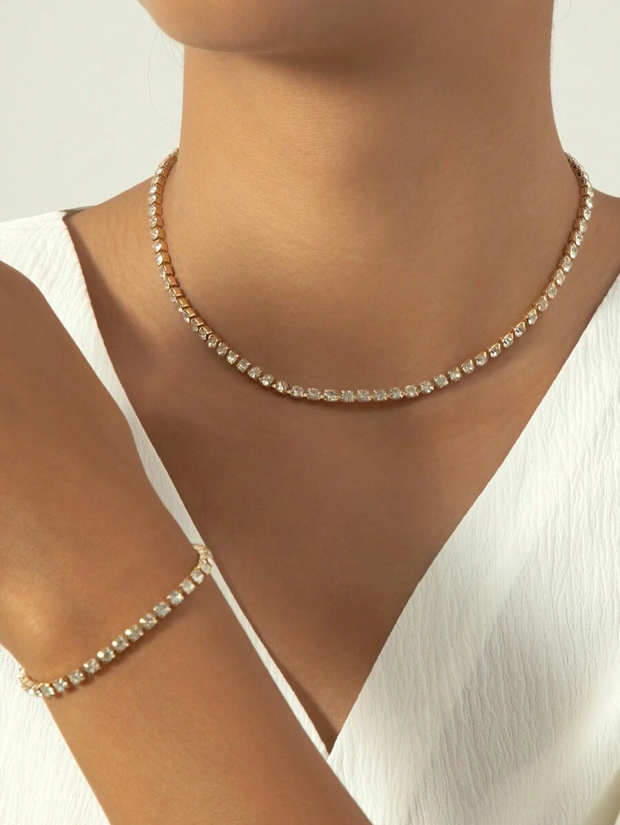 1入組派對風格全鑽石項鍊和手鐲套裝 - 金黃色 - 查看 1