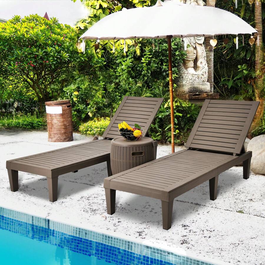 Homnibu 2 Pcs Chaise Outdoor Lounge Chairs: Adjustable Backrest, Waterproof Poolside Chaise Lounge With 330lbs Capacity, Polypropylene, Taupe , Brown - 棕色 - 查看 1