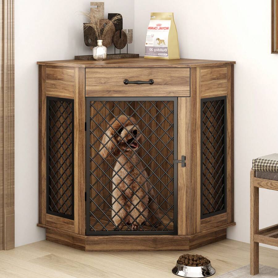DlandHome Dog Crate Furniture With Drawer, Corner Kennel With Mesh Door, Wooden Dog House For Small/Medium Dog - wood - View 1