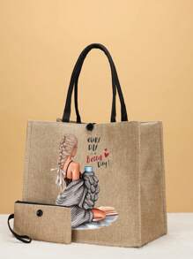 2 件/套时尚女孩熨烫补丁可爱女孩单肩包、休闲购物袋、时尚大容量手提包，适合日常生活帆布手提包购物袋、适合旅行海滩度假、带零钱包的购物袋。、书包套装、轻便、便携、大容量、商务休闲、适合少女女大学生、非常适合办公室、大学、中学、高中、工作、商务、通勤、体育场、运动、购物、度假、海滩、带袋的女士书包