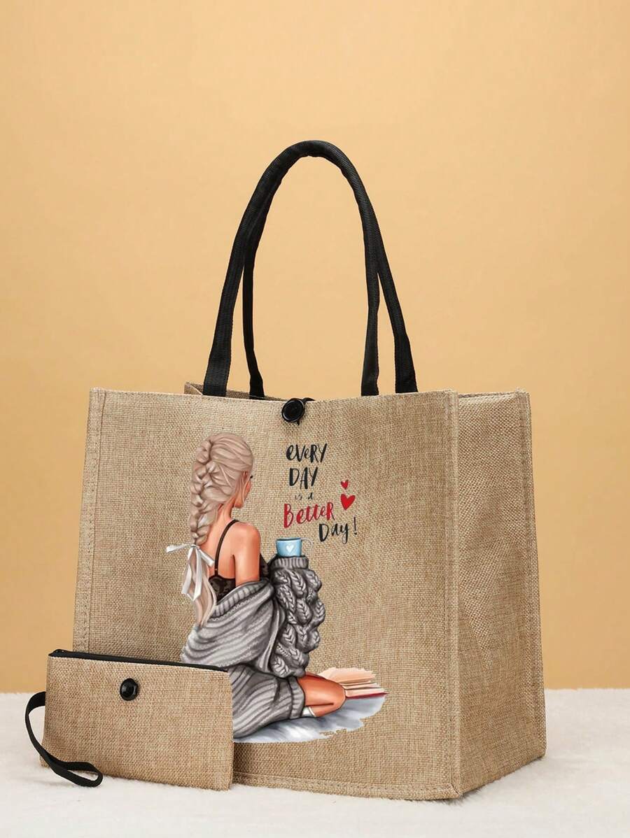 2 件/套时尚女孩熨烫补丁可爱女孩单肩包、休闲购物袋、时尚大容量手提包，适合日常生活帆布手提包购物袋、适合旅行海滩度假、带零钱包的购物袋。、书包套装、轻便、便携、大容量、商务休闲、适合少女女大学生、非常适合办公室、大学、中学、高中、工作、商务、通勤、体育场、运动、购物、度假、海滩、带袋的女士书包