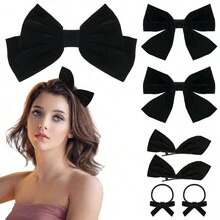 7入級別絨面黑色蝴蝶結髮夾,女孩專用配件,髮圈、髮夾、蝴蝶結橡皮帶、髮圈、馬尾帶等