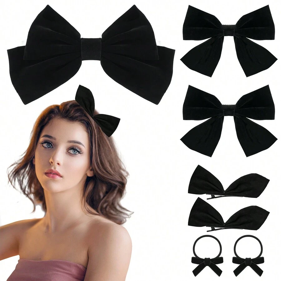 7入級別絨面黑色蝴蝶結髮夾,女孩專用配件,髮圈、髮夾、蝴蝶結橡皮帶、髮圈、馬尾帶等