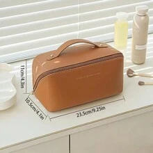 高級pu材質化妝包,沒有人的領域繡花枕頭包化妝品收納袋,家庭旅行必備的防水,可攜帶的大容量化妝包,採用大開口設計便於使用的化妝品收納袋 - 咖色 - 查看 2