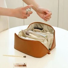 高級pu材質化妝包,沒有人的領域繡花枕頭包化妝品收納袋,家庭旅行必備的防水,可攜帶的大容量化妝包,採用大開口設計便於使用的化妝品收納袋 - 咖色 - 查看 3
