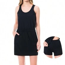 Lightbare 女士運動防曬連衣褲裙，黑色，快乾透氣，戶外無腰帶無袖連身裙 - 黑色 - 查看 1