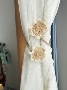 1pc Bohemian Style Beige Rope Tieback With Flower For Adjustable Curtains, No Need To Drill Wall For Curtain Tieback - Beige - View 1
