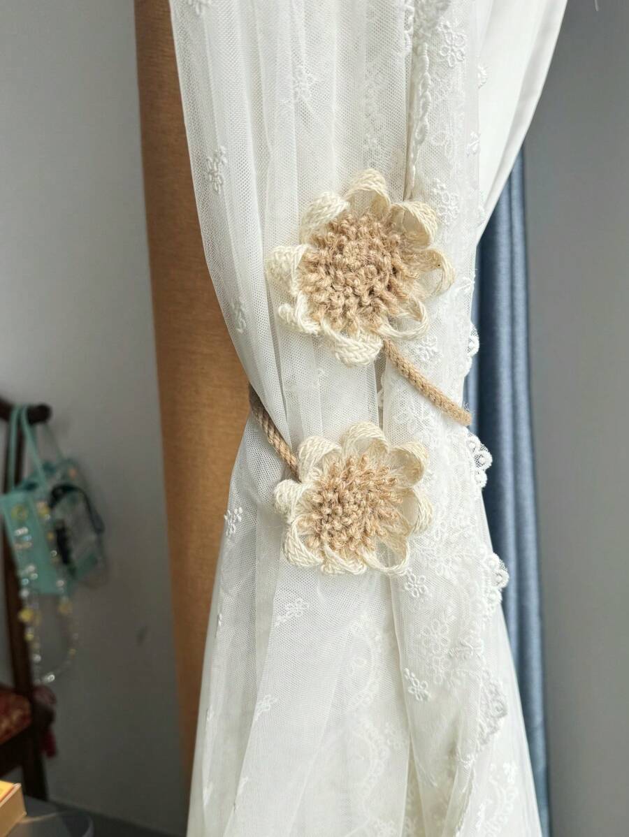 1pc Bohemian Style Beige Rope Tieback With Flower For Adjustable Curtains, No Need To Drill Wall For Curtain Tieback - Beige - View 1