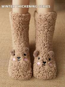 1 par de calcetines de mujer de felpa de coral de dibujos animados, calcetines gruesos y cálidos con puntos antideslizantes, calcetines suaves y esponjosos con bordado lindo hasta el tobillo para invierno y otoño, 6 colores