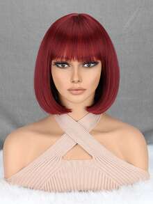 酒紅色鮑伯頭帶瀏海假髮適合日常佩戴、節日和萬聖節服裝 - 酒紅色 - 查看 3