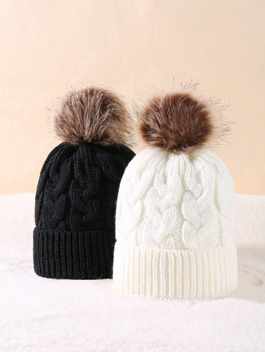 2pcs Kids' Simple Cable Knit Patchwork Casual Warm Beanies - Multicolor - View 1