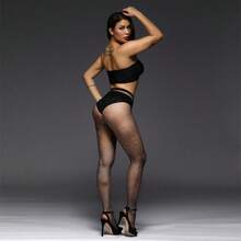 歐美風薄款性感鑲鑽漁網襪女鏤空白色水鑽絲襪 - 黑色 - 查看 10