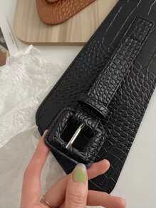 1 pieza/2 piezas Cinturón ancho elástico de mujer con textura de cocodrilo, adecuado para uso diario en otoño, Halloween - Negro - Ver 2