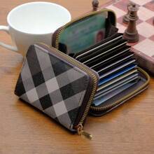 Ví đựng thẻ họa tiết kẻ sọc, Dây kéo mini xung quanh ví đựng tiền xu, Ví ngắn giả da (4,5 * 3 * 0,8) Inch - Xám - Xem 1