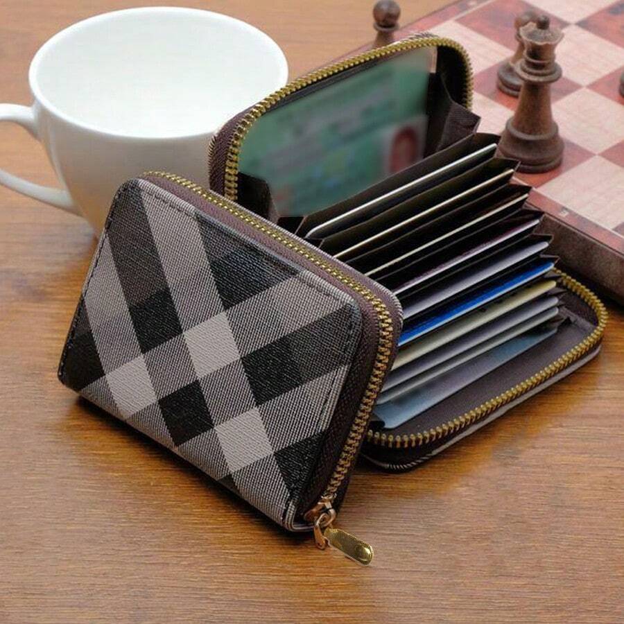 Ví đựng thẻ họa tiết kẻ sọc, Dây kéo mini xung quanh ví đựng tiền xu, Ví ngắn giả da (4,5 * 3 * 0,8) Inch - Xám - Xem 1