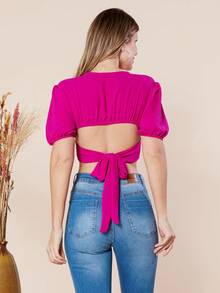 Women's Cropped Blouse / Princess Sleeves / Pleated Blouse / Tie Back / With Built-In Bra - Màu tím  Violet - Xem 3