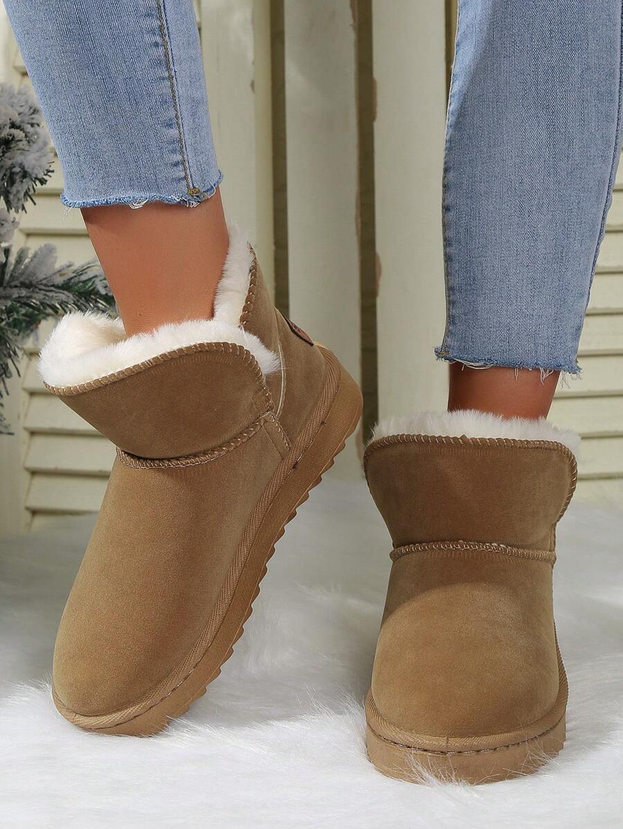 新品中筒加厚保暖内衬舒适冬季短靴防水防滑厚底无跟女靴 - 棕色 - 查看 1