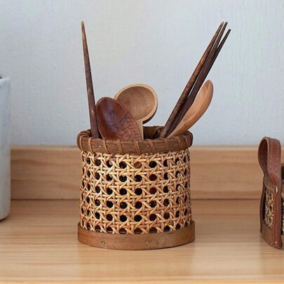 حامل أقلام من الخيزران قطعة واحدة، منظم مكتب خشبي عتيق، إبداعي لتخزين فرش المكياج، أسطوانة، ديكور منزلي أسلوب بوهيمي