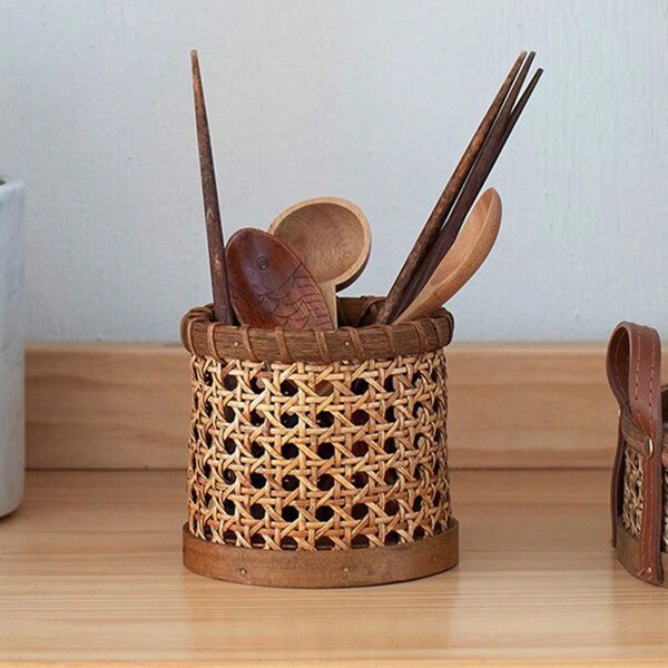1 Peça Porta-Canetas de Vime, Organizador de Mesa de Madeira Retrô, Armazenamento Criativo de Pincéis de Maquiagem, Estilo Boêmio Decoração para Casa