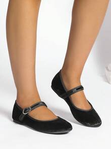 女款時尚圓頭扣瑪莉珍設計黑色絨面革舒適一腳蹬平底鞋 - 黑色 - 查看 4