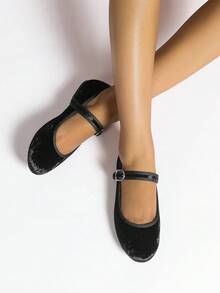 女款時尚圓頭扣瑪莉珍設計黑色絨面革舒適一腳蹬平底鞋 - 黑色 - 查看 5