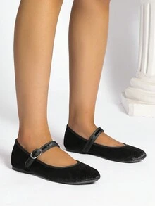 女款時尚圓頭扣瑪莉珍設計黑色絨面革舒適一腳蹬平底鞋 - 黑色 - 查看 3