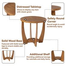 COZAYH Rustic Farmhouse End Table With Storage Shelf, French Country Accent Side Table For Family, Dinning Or Living Room, Small Spaces, Modern, Round, Vintage Distressed Finish, Curved Leg - 焦糖棕 - 查看 3
