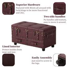 COZAYH Vintage Chest Bench With Latch Closure And Buckle Trunk, Farmhouse Mid-Century Faux Leather Storage Ottoman Bench For Living Room, Entryway, Bedroom, Sponge Padded - Burgundy Red - View 3