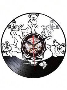 1pc 12-inch Vinyl Record Wall Clock, Featuring Five Cartoon Bears In Circle, Animal Themed Clock - Black - View 2