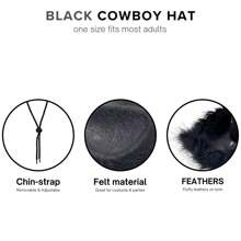 3入組牛仔帽女性套裝,菲爾特絨毛裝飾牛仔帽,寬邊華麗服裝牛仔帽,附有心形眼鏡頭帶和印花圍巾,適用於萬聖節、生日和單身派對,黑色