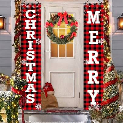 Set/2pcs Christmas Decorations Outdoor Yard Front Porch Sign Set, Red Black Buffalo Plaid Door Banner, Hanging Merry Christmas Decorations For Home, Indoor Outdoor Xmas Decor Wall Front Door Yard Garage