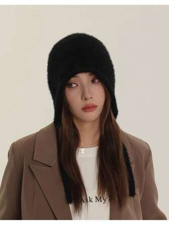 1pc Women's Simple & Fashionable Plush & Soft Band Bowknot Detail Knitted Earflap Beanie, Suitable For Winter Daily Wear Casual