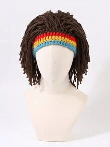 1頂女性保暖針織帽,帽上附有假髮,新奇有趣毛線帽,日常穿著 - 咖啡棕 - 查看 2