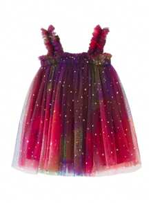 女婴优雅可爱无袖吊带渐变色星月贴花网眼连衣裙，生日派对婴儿服装，优雅，毕业，夏季