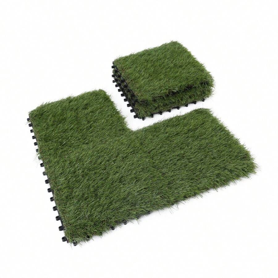 6 Packs Artificial Grass Turf Tile Interlocking Self-draining Mat, 1x1 ft, 1.5 in Pile Height - Green - View 1