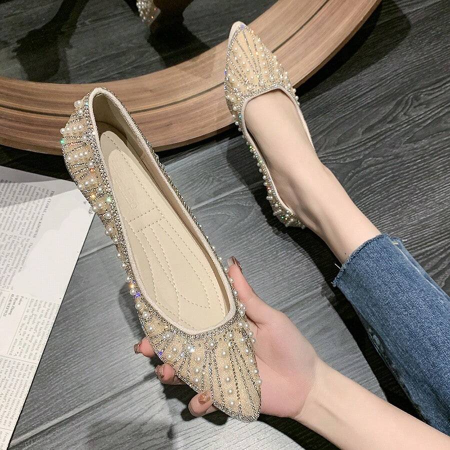 女士水钻和珍珠装饰 PU 平底鞋，优雅时尚户外闪亮公主鞋，方形鞋跟和低鞋面
