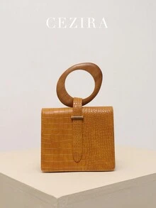 CEZIRA 迷你頂部單手提帶方形錢包時尚木柄包適合女士鱷魚紋PU皮革翻蓋手袋長款帶斜挎包 - 棕色 - 查看 3