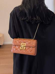 時尚新品到貨素色方形斜挎包帶鏈子帶適合女士翻蓋斜挎包,衍縫肩膀手提包,方包帶金屬鎖,鏈條包適合女士 - 棕色 - 查看 6