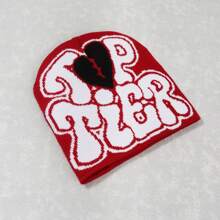 1頂男士頂級紋標織帽，秋冬時尚保暖男女通用針織帽，適用於日常街頭穿搭 - 酒紅色 - 查看 1