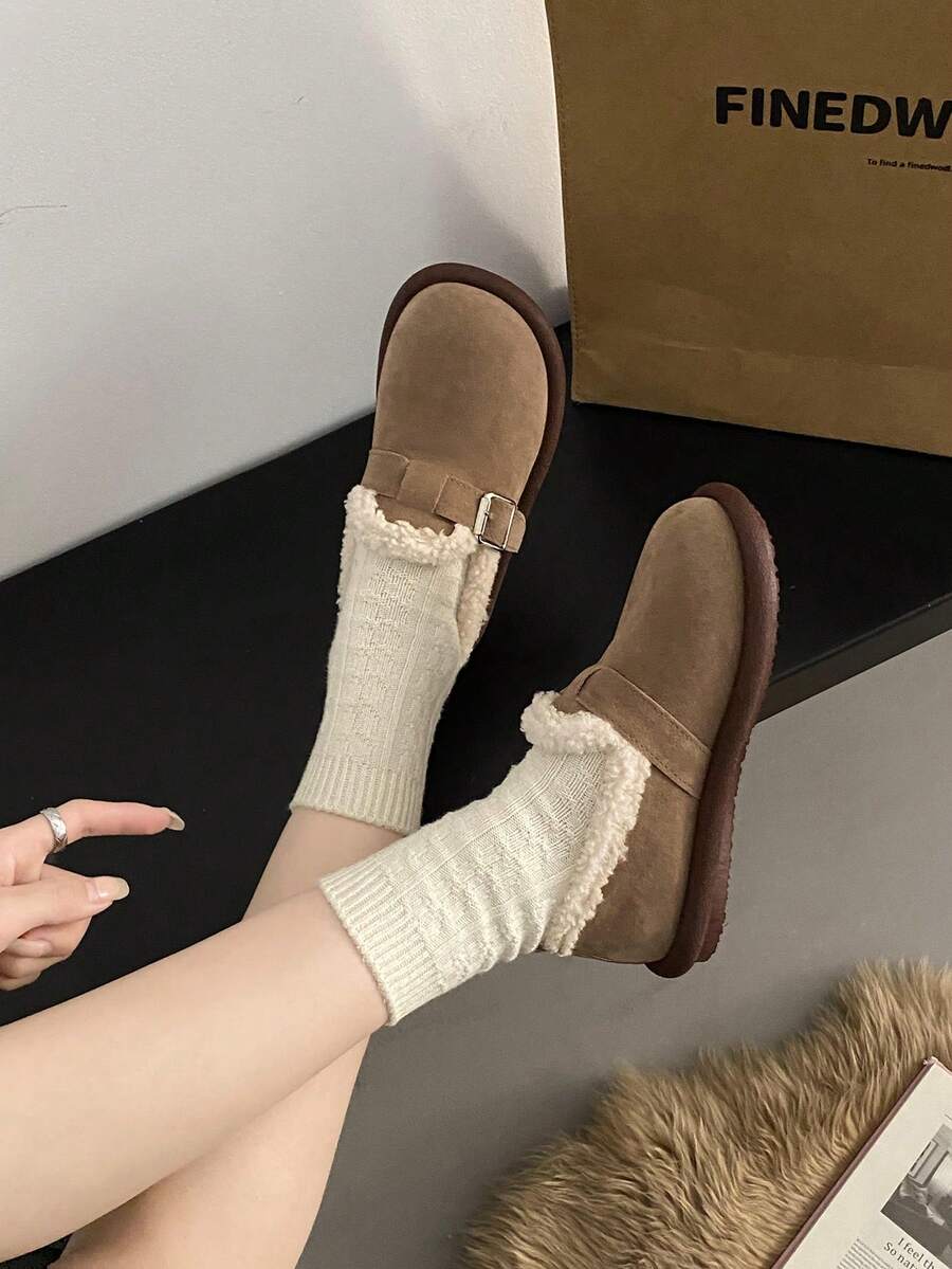 女士蓬松一脚蹬鞋，新款保暖内衬厚实保暖软底鞋，流行款式平底鞋，秋冬装 - 卡其色 - 查看 1