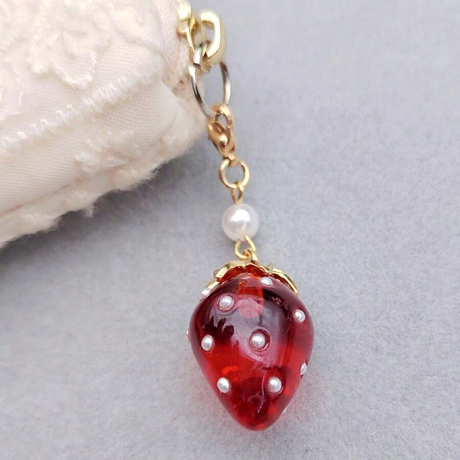 1pc Pearl Strawberry Replica Resin Decoration Bag Charm With Spring Hook For Zipper Suitable For Ladies' Daily Use, Date, Gift - Burgundy - View 1