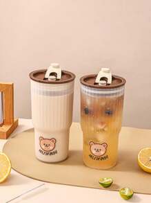 WORTHBUY 1pc 650ml Portable Transparent Plastic Water Bottle With Lid, Leakproof Coffee Mug With Cute Bear Pattern, Suitable For Adults And Children Going To School, Office Or Travel - Brown - View 13