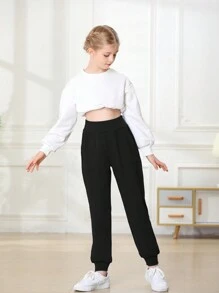 少女瑜珈褲帶口袋,帶貨物口袋的運動打底褲