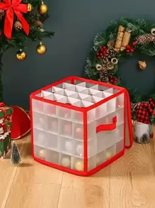 1pc Christmas Ornament Storage Box, 64 Compartments, Zipper Closure Christmas Storage Box With Handle, Red Transparent Christmas Organizer Box, Christmas Organizing Supplies - Clear - View 2