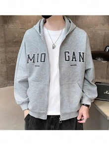 秋季新款時尚運動休閒寬鬆版型男士帶拉鍊帽衫 - 淺灰色 - 查看 2