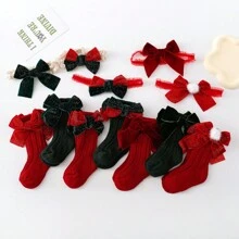 1套寶寶女孩中筒蝴蝶結襪子&髮飾套裝,舒適、透氣,紅色和綠色,聖誕主題