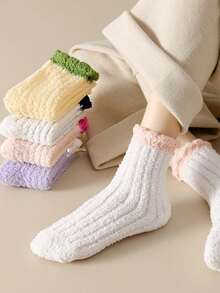 5 雙裝女珊瑚絨筒襪,加厚保暖家居地板襪,冬季