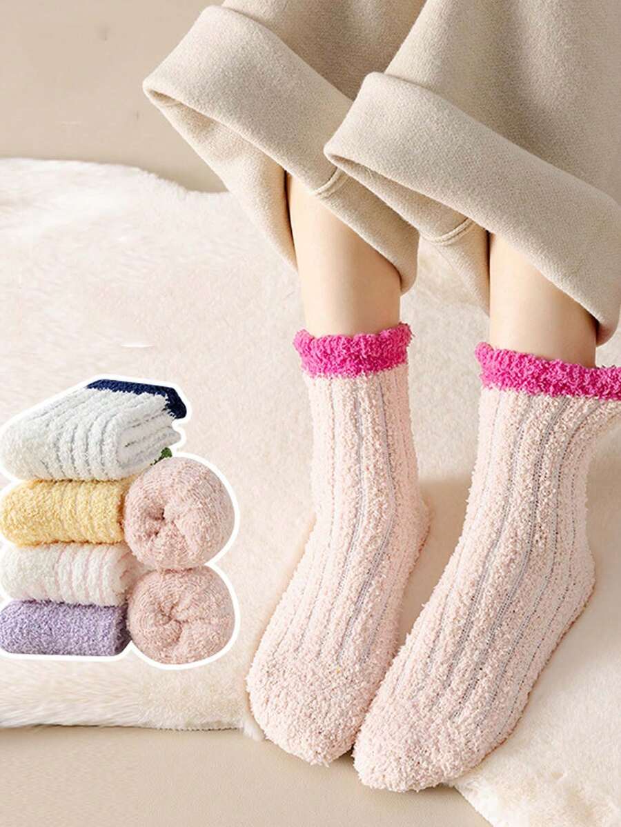 5 雙裝女珊瑚絨筒襪,加厚保暖家居地板襪,冬季