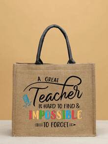 Simple Letter Print Linen Tote Bag, Versatile Portable Tote Bag For Teacher, Teacher Appreciation Linen Bag, Gifts For Women, Teacher's Day Gift - Khaki - View 3
